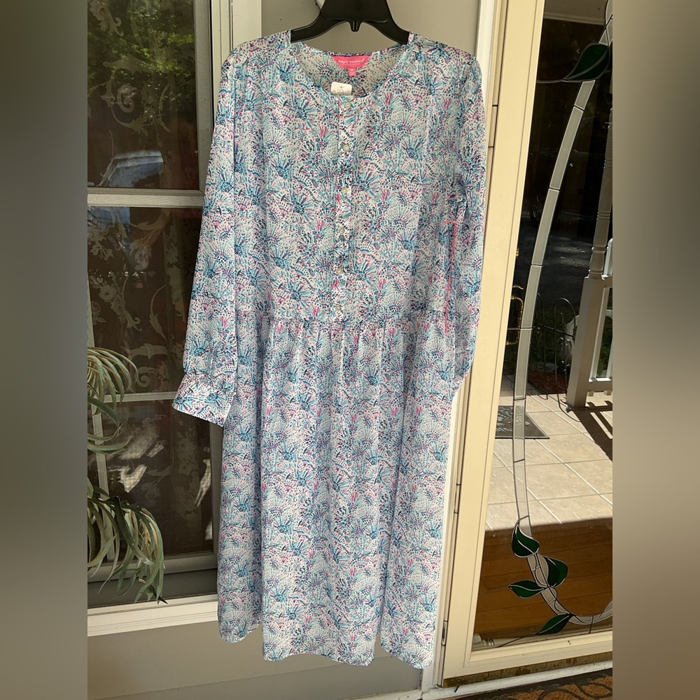 Simply Southern Womens Shirt Dress Coverup Medium Blue Pink Confetti Print Sheer